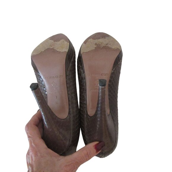Claudia Ciuti Brown Leather Snake Skin Heels Size 7M Made In Italy - Picture 5 of 7